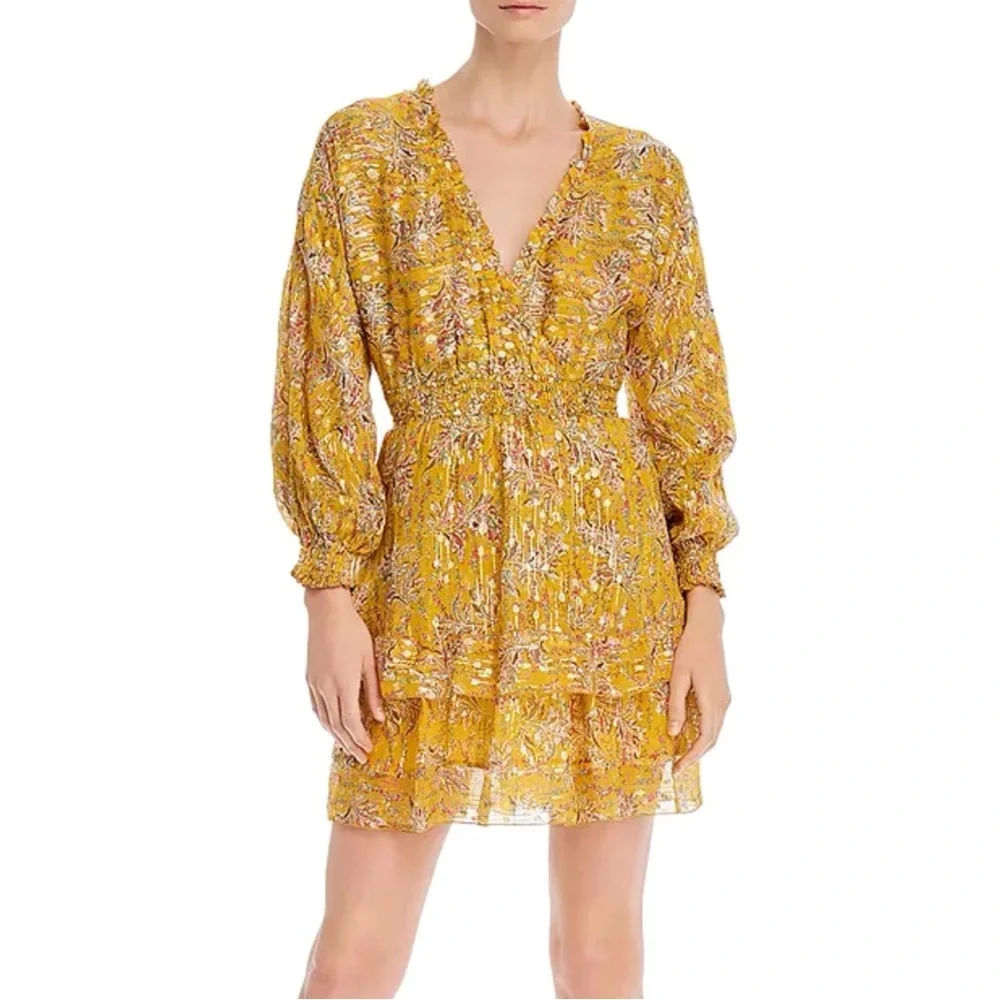 THE KOOPLES FEUILLE D’OR SILK FLORAL METALLIC GOLD YELLOW LONG SLEEVE MINI DRESS - Picture 10 of 15